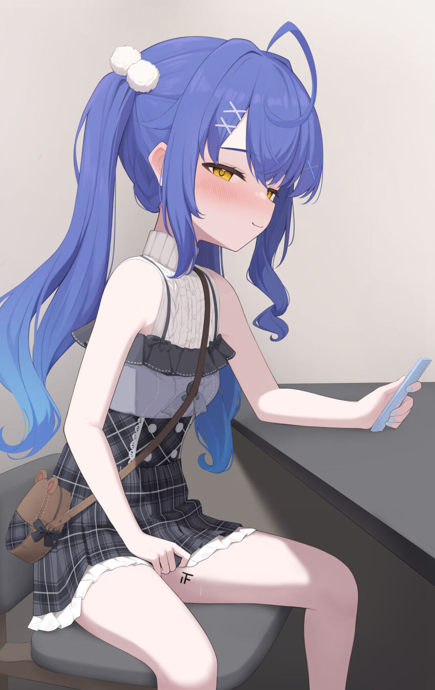 1girl, ahoge, amamiya_kokoro, amamiya_kokoro_(8th_costume), bag, bare_arms, bare_shoulders, blue_hair, blush, body_writing, breasts, cellphone, closed_mouth, commentary_request, tally, dress, feet_out_of_frame, grey_dress, hair_ornament, hairclip, highres, holding, holding_phone, long_hair, looking_at_viewer, nijisanji, paid_reward_available, phone, plaid_clothes, plaid_dress, pom_pom_(clothes), pom_pom_hair_ornament, short_dress, shoulder_bag, sidelocks, sitting, sleeveless, sleeveless_dress, small_breasts, smartphone, solo, twintails, virtual_youtuber, x_hair_ornament, yellow_eyes, yukamikayu