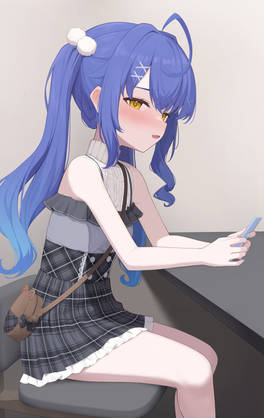 1girl, ahoge, amamiya_kokoro, amamiya_kokoro_(8th_costume), bag, bare_arms, bare_shoulders, blue_hair, blush, breasts, cellphone, commentary_request, dress, feet_out_of_frame, grey_dress, hair_ornament, hairclip, highres, holding, holding_phone, long_hair, looking_at_viewer, nijisanji, open_mouth, paid_reward_available, phone, plaid_clothes, plaid_dress, pom_pom_(clothes), pom_pom_hair_ornament, short_dress, shoulder_bag, sidelocks, sitting, sleeveless, sleeveless_dress, small_breasts, smartphone, solo, twintails, virtual_youtuber, x_hair_ornament, yellow_eyes, yukamikayu