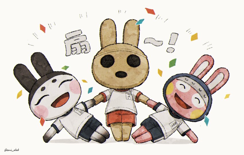 1girl, 2boys, :d, :o, ^_^, animal_crossing, artist_name, black_shorts