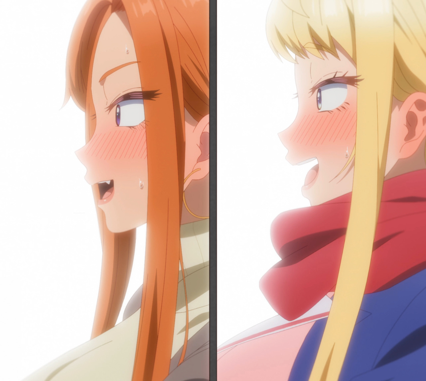 2girls, anime_screenshot, blonde_hair, blue_eyes, blue_jacket, blush, breasts, dosanko_gal_wa_namaramenkoi