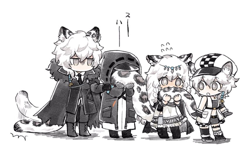 1boy, 1other, 2girls, animal_ear_fluff, animal_ears, annoyed, arknights, black_coat, black_footwear, black_jacket, black_necktie, black_shirt, black_shorts, blush, bright_pupils, chibi, cliffheart_(arknights), coat, commentary_request, doctor_(arknights), earrings, embarrassed, empty_eyes, fur-trimmed_coat, fur_trim, grey_eyes, hat, head_chain, highres, holding_another's_tail, holding_own_tail, hood, hood_up, hooded_jacket, jacket, jealous, jewelry, mask, multiple_girls, necktie, nervous, newsboy_cap, pramanix_(arknights), shirt, shorts, silverash_(arknights), simple_background, sleeveless, sleeveless_jacket, smelling, snow_leopard_boy, snow_leopard_ears, snow_leopard_tail, soppos, surprised, tail, tail_slapping, tassel, tassel_earrings, translated, white_background, white_hair, white_headwear, white_jacket, white_pupils