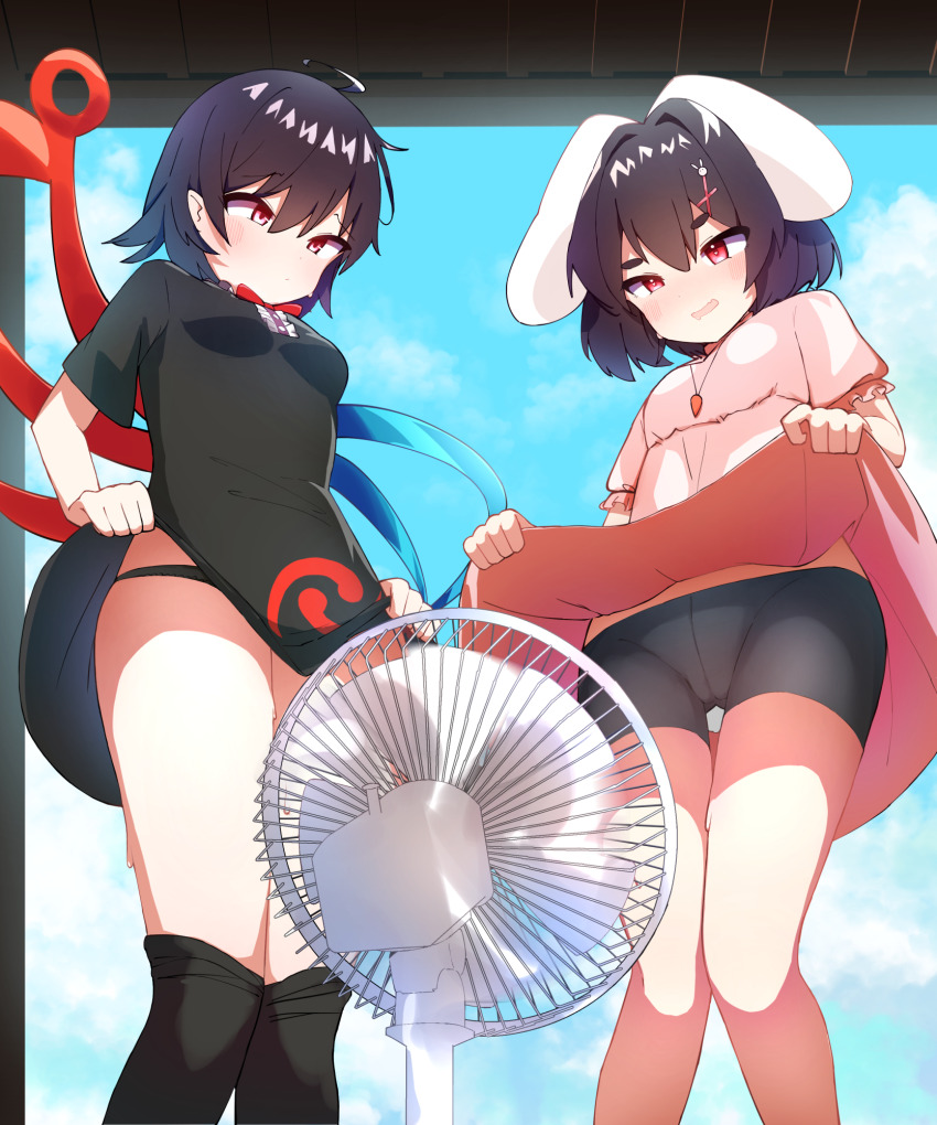 2girls, animal_ears, bike_shorts, black_dress, black_hair, closed_mouth, clothes_lift, day