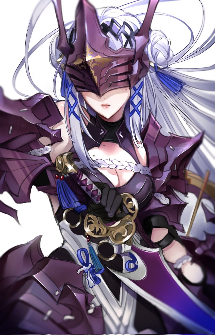 1girl, armor, black_gloves, breasts, cleavage, corrupted_twitter_file, double_bun, elbow_gloves