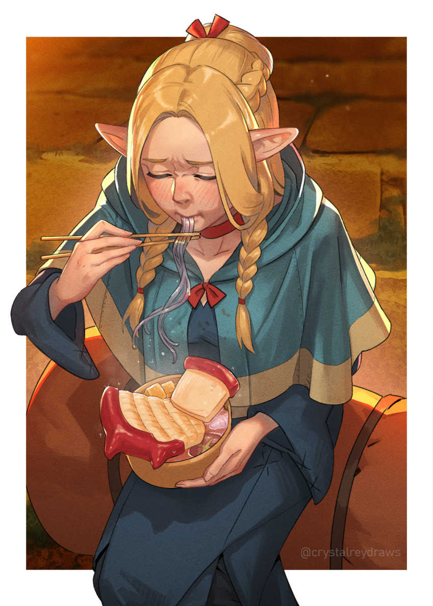 1girl, blue_capelet, blue_robe, bowl, braid, capelet, chopsticks, closed_eyes, commentary, crystalreydraws, dungeon_meshi, eating, elf, food, highres, holding, holding_bowl, holding_chopsticks, light_blush, marcille_donato, multiple_braids, noodles, pointy_ears, robe, sitting, solo, twitter_username