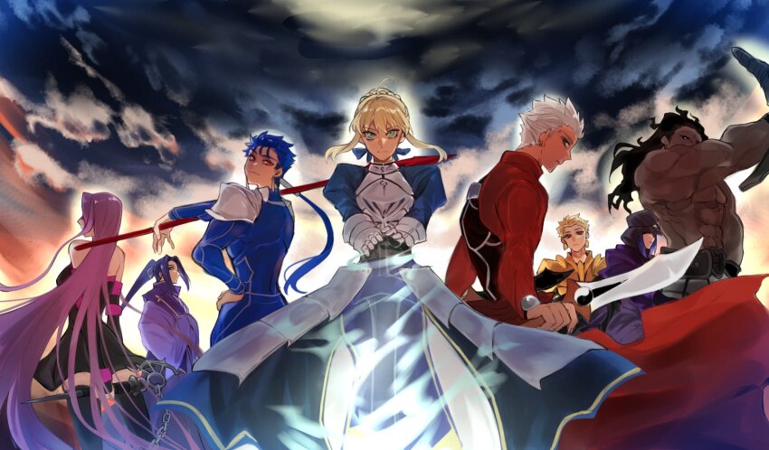 3girls, 5boys, anniversary, archer_(fate), armor, armored_dress, artoria_pendragon_(fate), black_hair