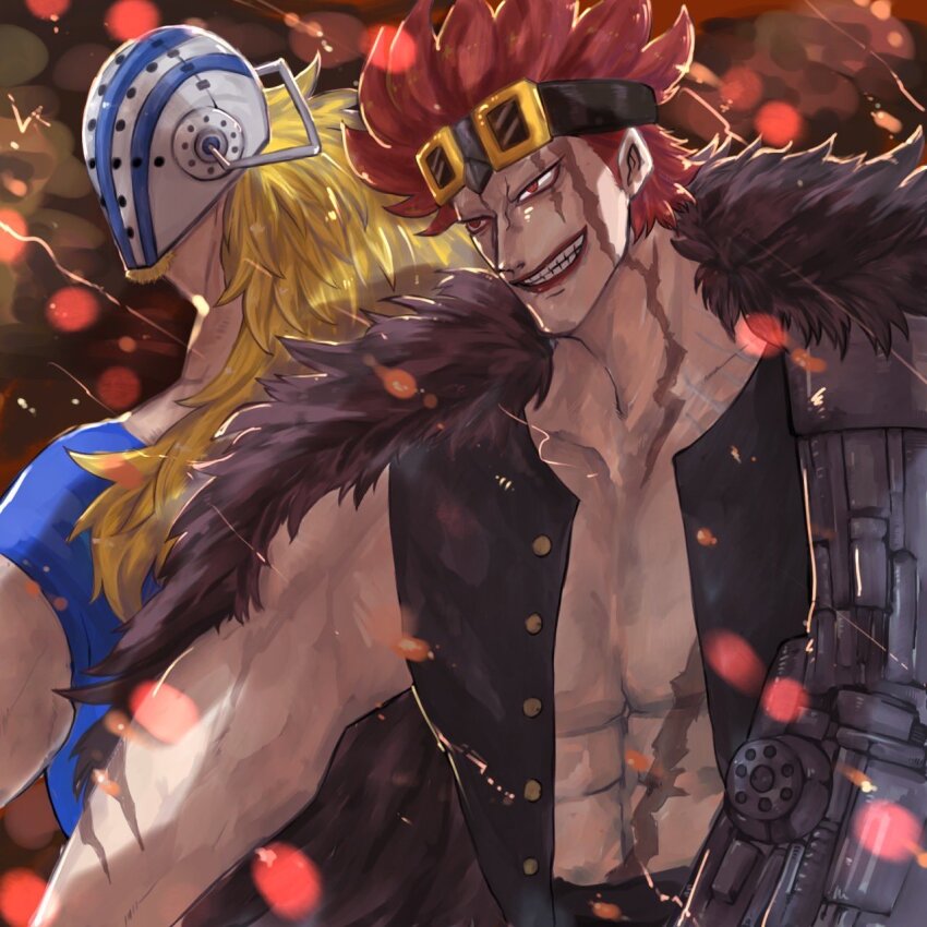 2boys, abs, blonde_hair, blue_shirt, clenched_teeth, coat, commentary_request, eustass_kid