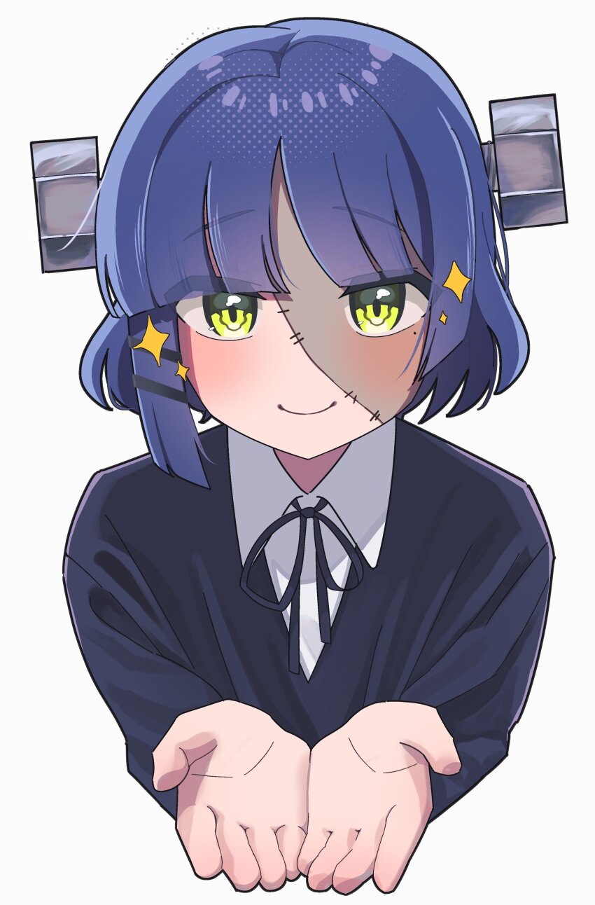 1girl, absurdres, black_ribbon, black_shirt, blue_hair, bocchi_the_rock!, commentary, english_commentary