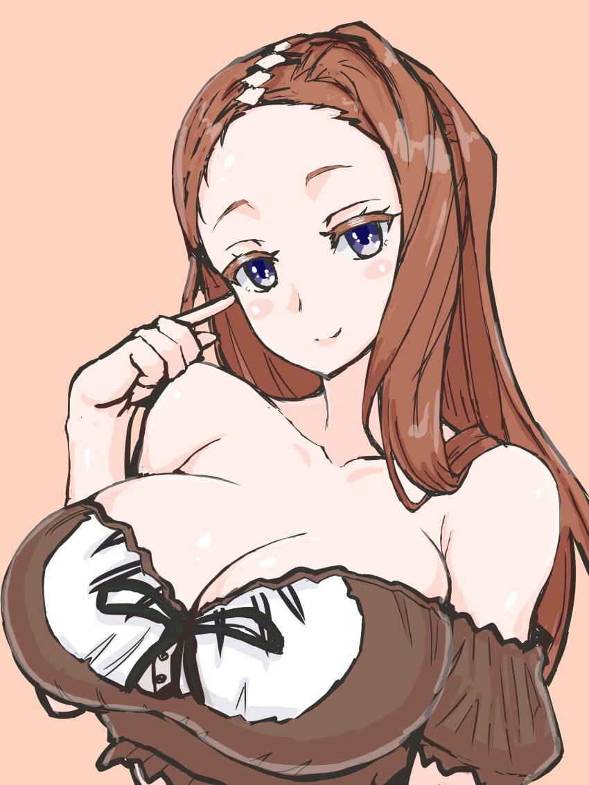 1girl, absurdres, alternate_costume, bare_shoulders, bikini, blue_eyes, breasts, brown_hair, collarbone, finger_to_face, grimms_notes, highres, huge_breasts, husima, long_hair, maid, maid_bikini, mona_lisa_(grimms_notes), simple_background, smile, solo, swimsuit, unconventional_maid, upper_body