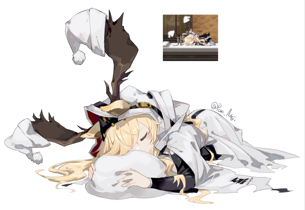 1girl, animal_ears, antlers, horns_through_hood, arknights, black_shirt, blonde_hair, chibi, cloak, closed_eyes, deer_antlers, deer_ears, deer_girl, ears_through_hood, full_body, game_screenshot_inset, hat, hat_on_horn, hood, hood_up, hooded_cloak, horns, hugging_object, long_hair, nejikyuu, pillow, pillow_hug, santa_hat, shirt, simple_background, solo_focus, swept_bangs, twitter_username, viviana_(arknights), white_background, white_cloak, white_headwear