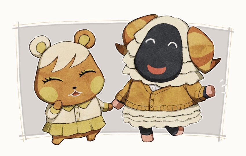 2girls, :d, ^_^, animal_crossing, border, brown_cardigan, brown_horns, buttons