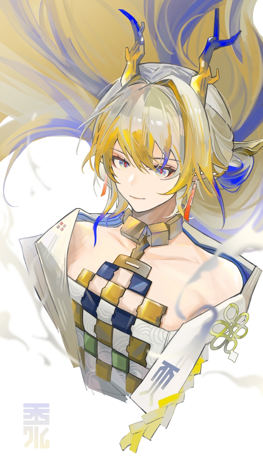 1girl, absurdres, arknights, bare_shoulders, blonde_hair, blue_eyes, breasts, collarbone