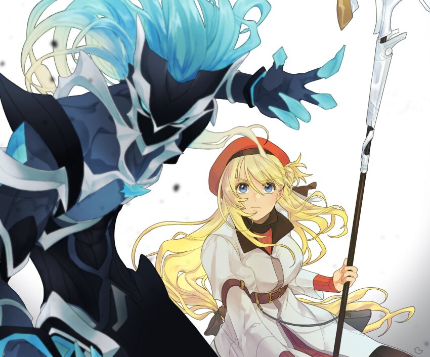 1girl, 1other, agnes_claudel, belt, beret, blonde_hair, blue_eyes, blue_hair