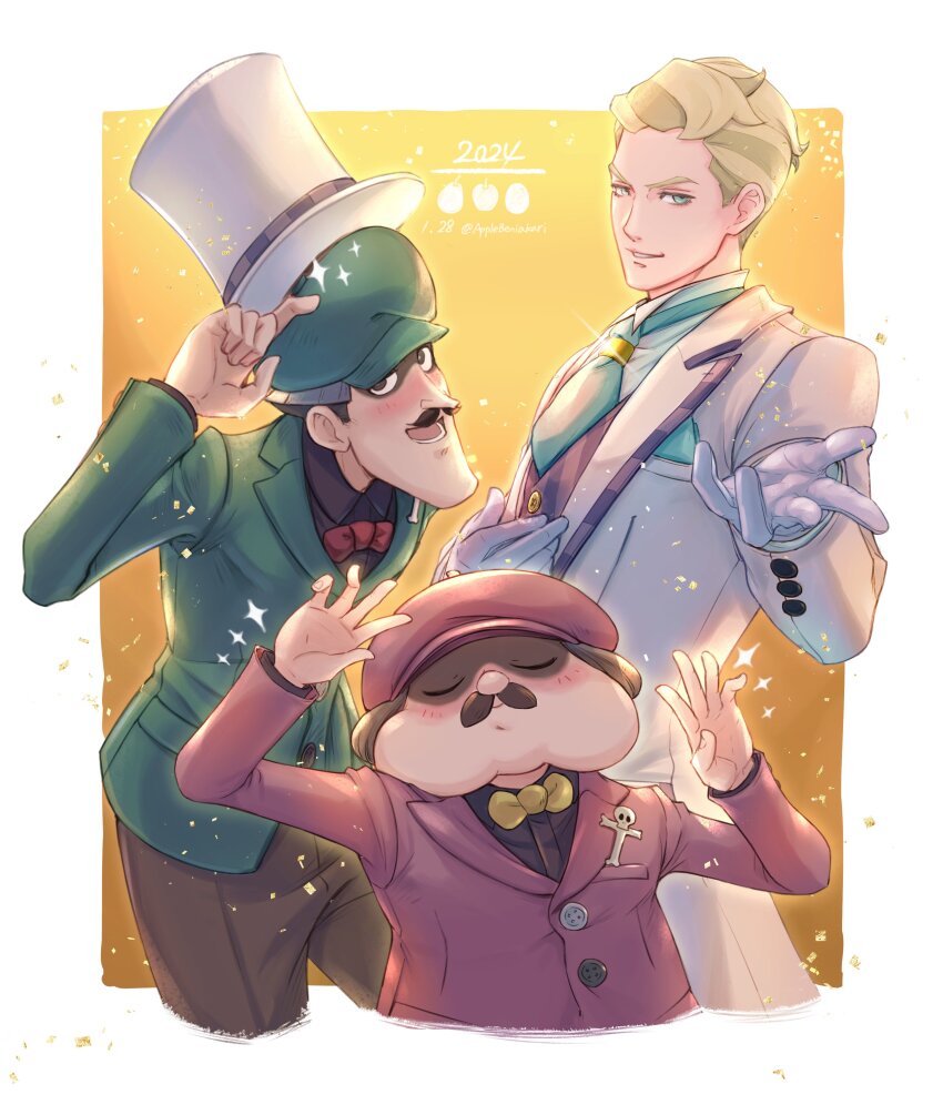 2024, 3boys, absurdres, ace_attorney, artist_name, ashley_graydon, beret, black_collar