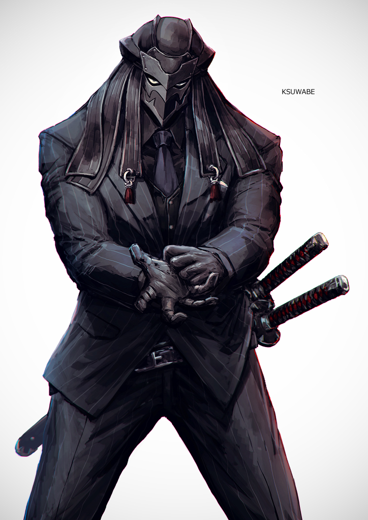 1boy, adjusting_clothes, adjusting_gloves, belt, black_gloves, black_shirt, blue_necktie, casual