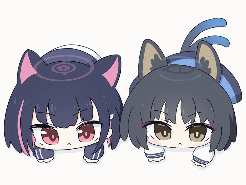 2girls, animal_ear_fluff, animal_ears, animated, animated_gif, black_hair, blue_archive, blue_halo, blue_skirt, cat_ears, cat_tail, chibi, chibi_only, closed_mouth, commentary_request, fighting_stance, gradient_tail, halo, imminent_pounce, jacket, kazusa_(blue_archive), kikyou_(blue_archive), light_frown, long_sleeves, looking_at_viewer, medium_hair, multicolored_hair, multiple_girls, multiple_tails, no_nose, parted_bangs, pink_hair, pink_halo, red_eyes, red_pupils, shirt, skirt, striped_clothes, striped_jacket, tail, umihio, vertical-striped_clothes, vertical-striped_jacket, white_shirt, white_skirt