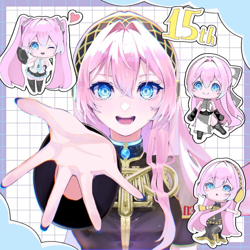 1girl, anniversary, aqua_necktie, black_dress, black_outline, black_shirt, black_skirt, black_sleeves, black_thighhighs, blue_eyes, boots, border, bow, chibi, chibi_inset, cloud, conflict_(module), cosplay, detached_sleeves, dress, grey_bow, grey_footwear, grey_shirt, grey_skirt, grid_background, hair_between_eyes, hair_bow, hatsune_miku, hatsune_miku_(cosplay), headphones, heart, highres, light_blush, long_hair, looking_at_viewer, megurine_luka, megurine_luka_(conflict), necktie, number_tattoo, offering_hand, one_eye_closed, open_mouth, outline, outstretched_hand, pinepine_kno, pink_hair, project_diva_(series), purple_border, reaching, reaching_towards_viewer, shirt, shoulder_tattoo, sidelocks, skirt, smile, solo, tattoo, thighhighs, twintails, ura-omote_lovers_(vocaloid), v, variations, very_long_hair, vocaloid, white_background, white_shirt, yellow_boots