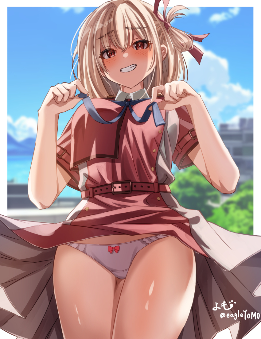 1girl, absurdres, belt, blonde_hair, blue_eyes, blue_ribbon, blue_sky, blurry
