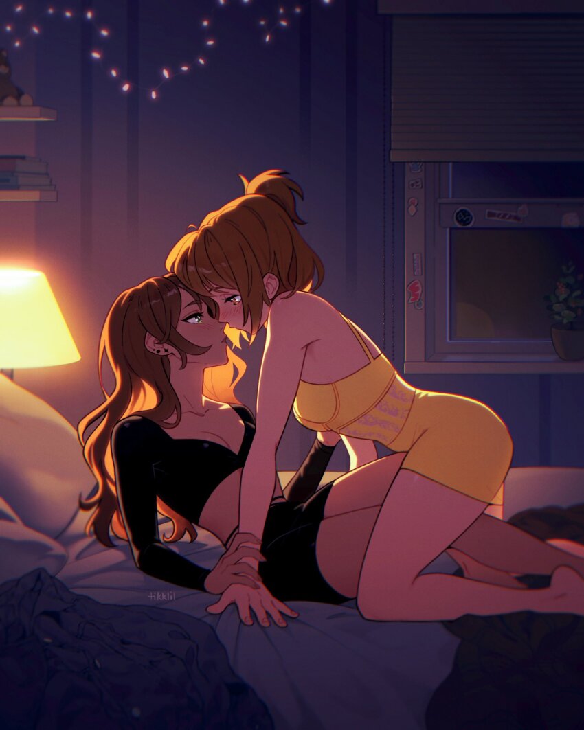 2girls, artist_name, blush, breasts, brown_eyes, brown_hair, green_eyes, highres