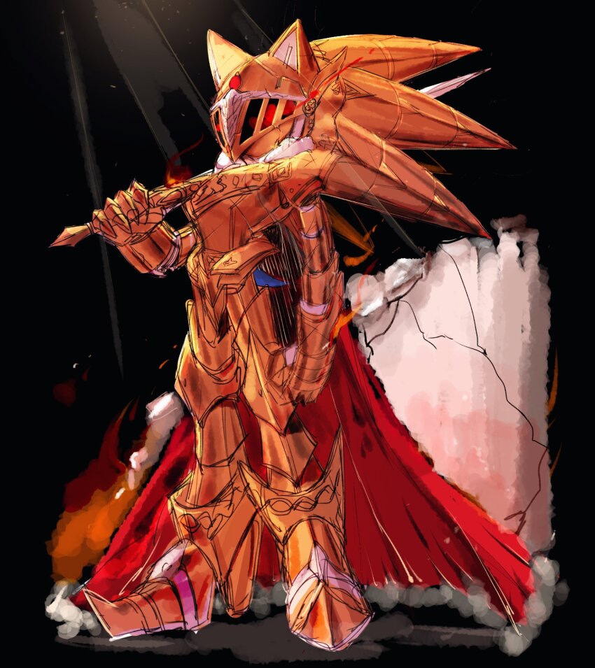 1boy, armor, armored_boots, black_background, boots, cape, commentary, english_commentary, excalibur_(sonic), excalibur_sonic, full_armor, fur-trimmed_cape, fur_trim, furry, furry_male, gauntlets, helmet, highres, holding, holding_sword, holding_weapon, leg_armor, magic, male_focus, red_cape, shoulder_armor, solo, sonic_(series), sonic_and_the_black_knight, sonic_the_hedgehog, sword, usa37107692, weapon, yellow_boots, yellow_headwear
