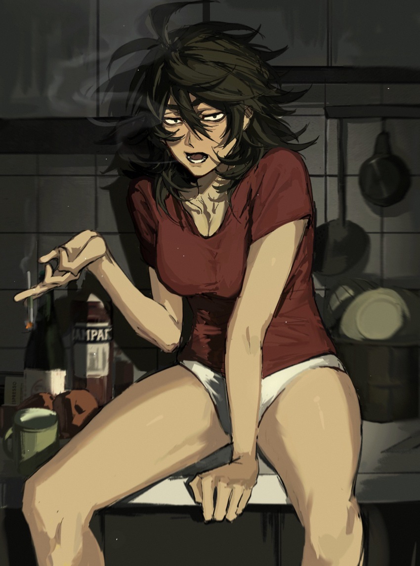 1girl, ahoge, breasts, brown_hair, cigarette, cleavage, genderswap, genderswap_(mtf), hair_between_eyes, highres, holding, holding_cigarette, indoors, isoi_reiji, kitchen, large_breasts, medium_hair, open_mouth, panties, qiqiqiqi498, red_shirt, saibou_shinkyoku, sanpaku, shirt, short_sleeves, sitting, smoke, solo, t-shirt, underwear, white_panties