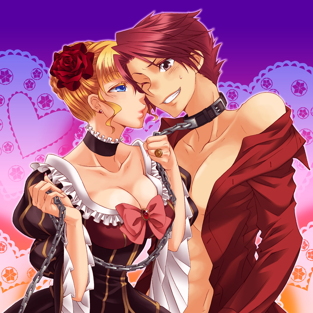 1boy, 1girl, beatrice_(umineko), blonde_hair, blue_eyes, bow, breasts, chain, choker, cleavage, collar, dress, femdom, flower, hair_flower, hair_ornament, kokutou_eiri, large_breasts, leash, nail_polish, open_clothes, open_shirt, pink_bow, pink_nails, red_hair, shirt, umineko_no_naku_koro_ni, ushiromiya_battler