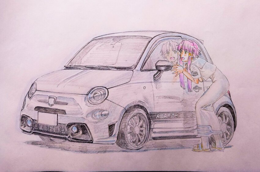 1girl, :d, abarth, aria_(manga), aria_company_uniform, blush, car, cwind, dress, fiat_500, fiat_500_abarth, hair_tubes, impossible_clothes, impossible_dress, leaning_forward, long_dress, mizunashi_akari, motor_vehicle, open_mouth, pink_hair, reflection, sailor_collar, short_hair_with_long_locks, short_sleeves, simple_background, smile, solo, traditional_media, vehicle_focus, white_dress, white_footwear