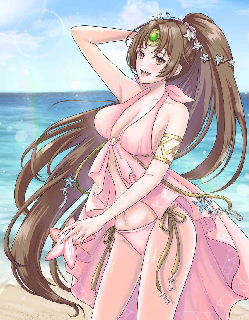 1girl, :d, bare_shoulders, bikini, blush, breasts, brown_eyes, brown_hair