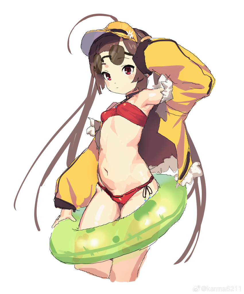 1girl, absurdres, ahoge, arm_up, armpits, azur_lane, bikini, black_choker, breasts, brown_hair, chinese_commentary, choker, closed_mouth, cropped_legs, expressionless, female_focus, fur-trimmed_jacket, fur_trim, hat, highres, innertube, jacket, jaggy_lines, karma6211, loli, long_hair, looking_at_viewer, navel, official_alternate_costume, ping_hai_(azur_lane), ping_hai_(summer_vacation)_(azur_lane), red_bikini, red_eyes, round_eyewear, simple_background, sketch, small_breasts, solo, stomach, swim_ring, swimsuit, thighs, twintails, visor_cap, watermark, weibo_watermark, white_background, yellow_hat, yellow_jacket