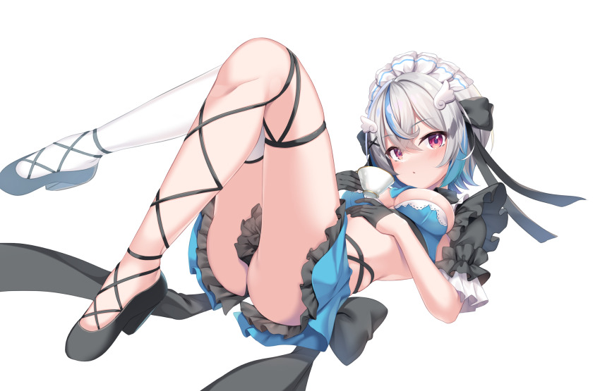 1girl, aria_(koiiroharemoyou), black_gloves, blue_hair, blue_skirt, breasts, commentary_request, cup