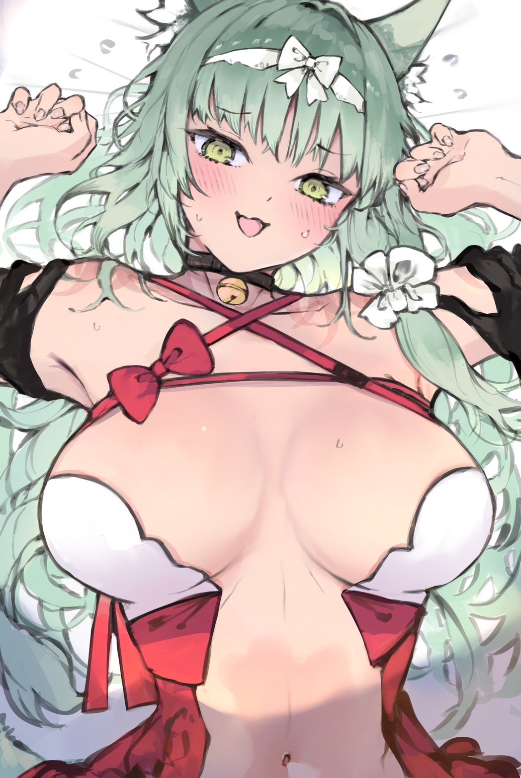 1girl, animal_ears, arknights, bell, breasts, cat_ears, cat_girl, cleavage, collarbone, green_eyes, green_hair, harmonie_(arknights), harmonie_(decoration)_(arknights), highres, jingle_bell, kyuu_(plastic_night_q), large_breasts, long_hair, looking_at_viewer, lying, navel, neck_bell, official_alternate_costume, on_back, open_mouth, smile, solo, stomach