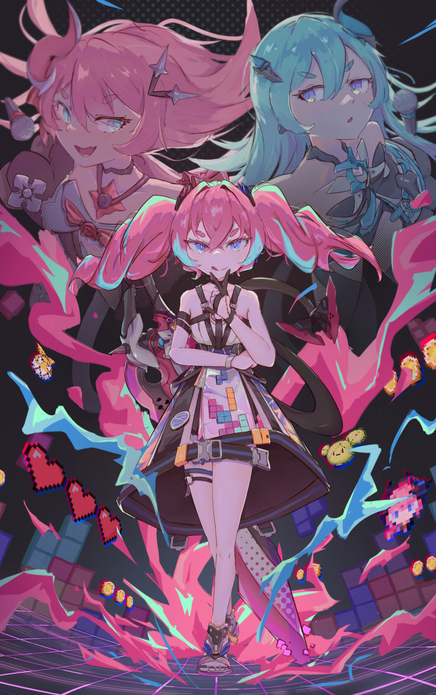 2girls, :d, :o, absurdres, bare_shoulders, black_gloves, blue_eyes, blue_hair