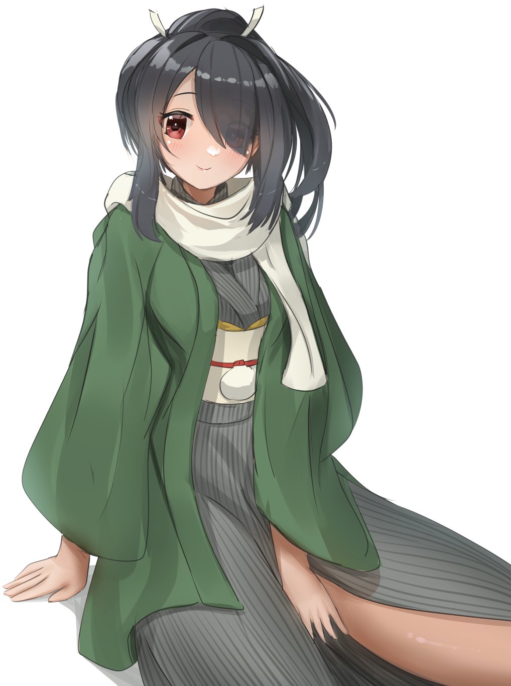 1girl, black_hair, coat, green_coat, grey_kimono, haori, highres, japanese_clothes