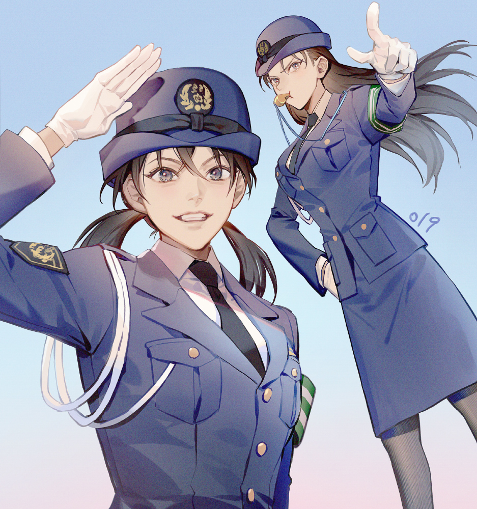 2girls, aiguillette, black_hair, black_necktie, blue_background, blue_headwear, blue_jacket, blue_skirt