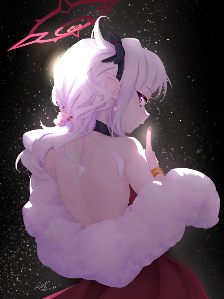 1girl, back, black_choker, blue_archive, choker, closed_mouth, dofus_(icyboon), dress, earrings, fingernails, from_behind, halo, highres, jewelry, long_hair, looking_at_viewer, looking_back, mutsuki_(blue_archive), mutsuki_(dress)_(blue_archive), nail_polish, official_alternate_costume, pink_eyes, pointy_ears, red_dress, red_halo, red_nails, smile, solo, upper_body, white_hair