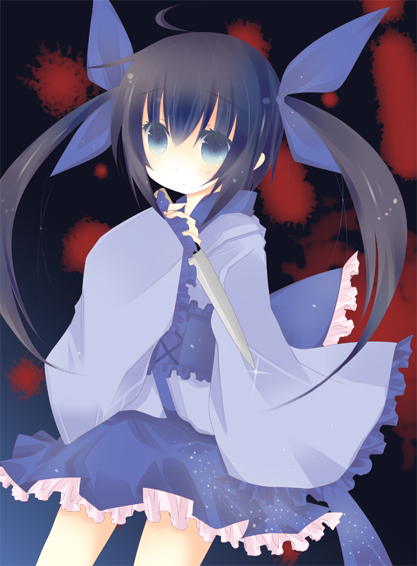 1girl, ahoge, bad_id, bad_pixiv_id, black_hair, blue_eyes, female_focus, hair_between_eyes