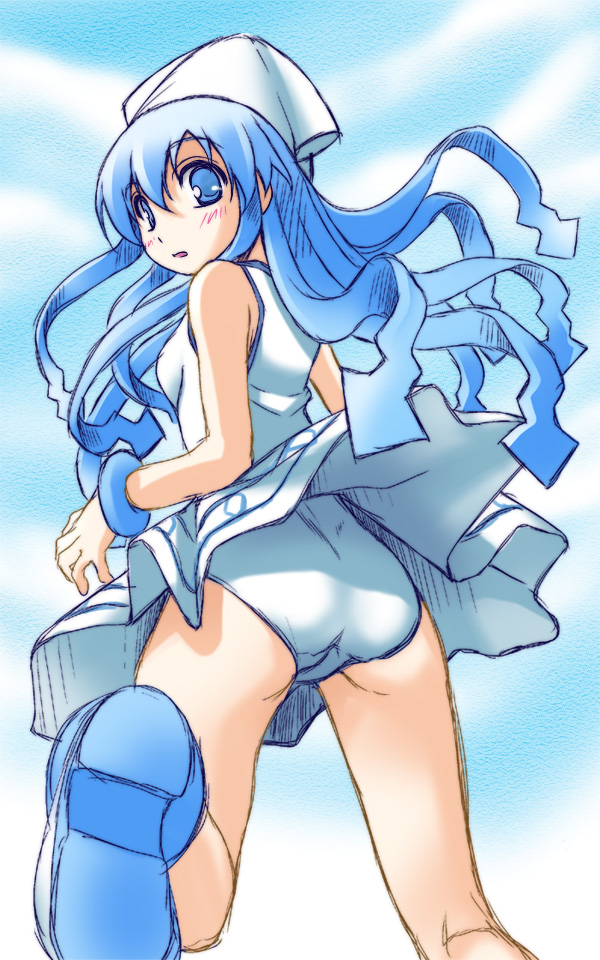 1girl, ass, blue_eyes, blue_hair, blush, dress, female_focus, hat, ikamusume, kneepits, long_hair, looking_back, matching_hair/eyes, nishizaki_eimu, one-piece_swimsuit, shinryaku!_ikamusume, solo, swimsuit, swimsuit_under_clothes, tentacle_hair, tentacles