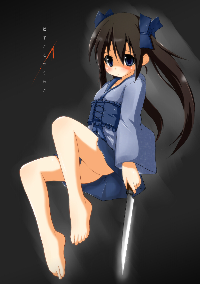 1girl, :<, barefoot, black_hair, blood, blue_eyes, blush, cuts, feet, female_focus, frown, hair_ribbon, houchou-san_no_uwasa, injury, knife, long_hair, long_sleeves, misspromise, ribbon, sashimi_houchou-san, solo, twintails