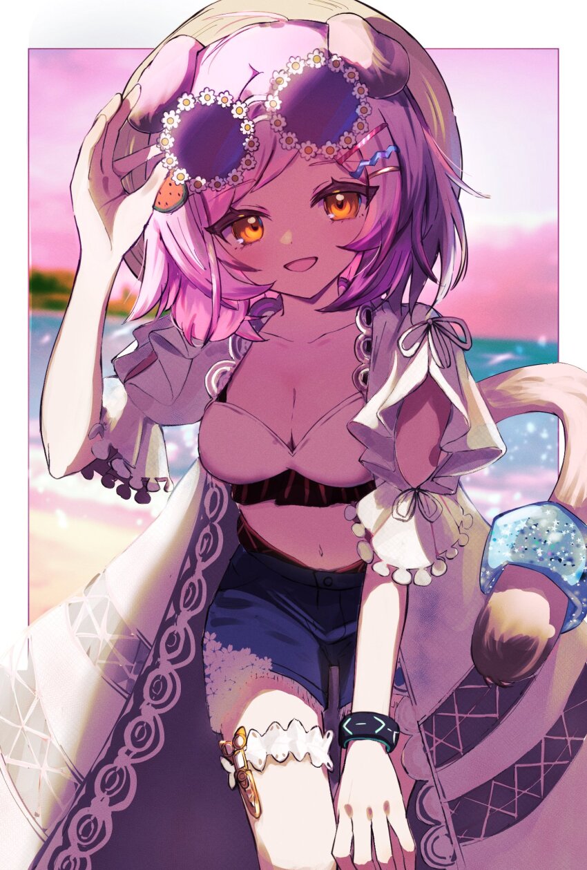 1girl, animal_ears, arknights, beach, bikini, blue_shorts, bracelet, breasts