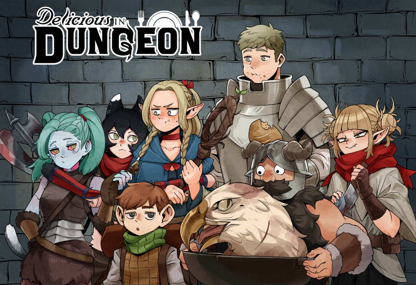 3boys, 4girls, :i, :o, :t, absurdres, animal_ears, arm_guards, armor, artificial_eye, backpack, bag, beard, bird, black_hair, blonde_hair, blue_capelet, blue_robe, blush, boku_no_hero_academia, braid, bread, brick_wall, brown_eyes, brown_gloves, brown_skirt, capelet, cat_ears, cat_girl, chilchuck_tims, choker, closed_mouth, colored_sclera, colored_skin, commentary, copyright_name, covered_mouth, crop_top, crossover, cyberpunk:_edgerunners, cyberpunk_(series), double_bun, dungeon_meshi, dwarf, eagle, eating, elf, english_commentary, english_text, eyeliner, facial_hair, fake_horns, fang, fang_out, fingerless_gloves, food, food_bite, food_on_face, frown, fur_trim, gloves, gorget, green_eyes, green_hair, green_scarf, grey_skin, hair_bun, half-closed_eyes, half_up_braid, halfling, hands_up, helmet, highres, holding, holding_knife, holding_staff, hood, hood_down, hooded_capelet, horned_helmet, horns, hug, hug_from_behind, izutsumi, knife, laios_touden, leather, leather_armor, leather_gloves, long_beard, long_hair, long_sleeves, looking_at_viewer, makeup, marcille_donato, single_mechanical_eye, midriff, mixed-language_commentary, multiple_boys, multiple_braids, multiple_crossover, multiple_girls, mustache, neck_tattoo, parted_bangs, pauldrons, plate_armor, pointy_ears, pout, rebecca_(cyberpunk), red_sclera, reverse_grip, robe, scarf, senshi_(dungeon_meshi), severed_head, shirt, short_hair, shoulder_armor, side_braid, skirt, sleeveless, sprout, staff, tattoo, toga_himiko, twintails, unusualpie, vambraces, waterskin, white_shirt, wok