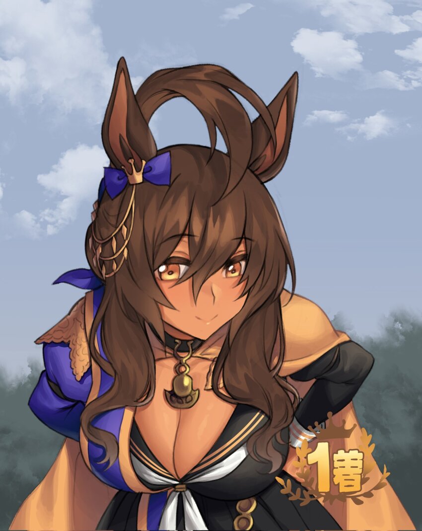 1girl, animal_ears, black_choker, bow, breasts, brown_eyes, brown_hair, choker, cleavage, commentary, cowlick, crown_ornament, dark-skinned_female, dark_skin, ear_bow, ear_ornament, eishin_flash_(umamusume), fukuro_(maruaru00), hair_between_eyes, highres, horse_ears, horse_girl, jewelry, king_kamehameha_(umamusume), leaning_forward, long_hair, looking_at_viewer, pendant, pose_imitation, purple_bow, sidelocks, solo, umamusume, wavy_hair