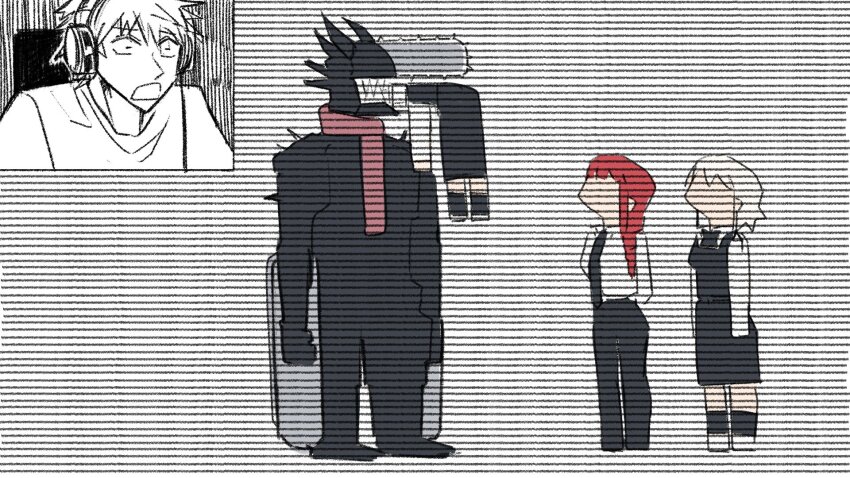 1boy, 3girls, black_pants, chainsaw_man, character_request, denji_(chainsaw_man), fami_(chainsaw_man), five_nights_at_freddy's, head_in_mouth, heartbreak_juan, highres, looking_at_another, makima_(chainsaw_man), multiple_girls, pants, scene_reference, shirt, white_shirt, yoru_(chainsaw_man)