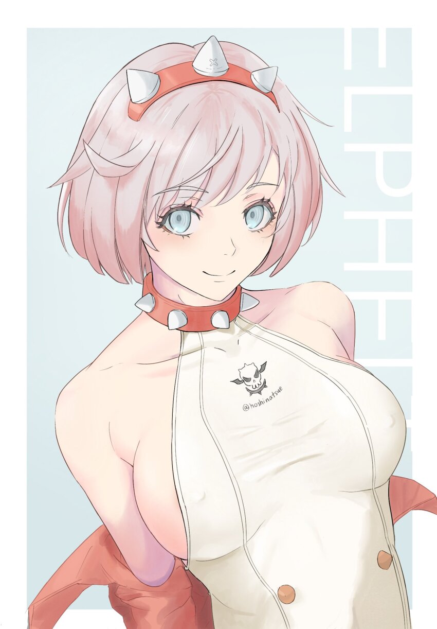 1girl, ahoge, bare_shoulders, blue_eyes, blush, breasts, character_name, collar