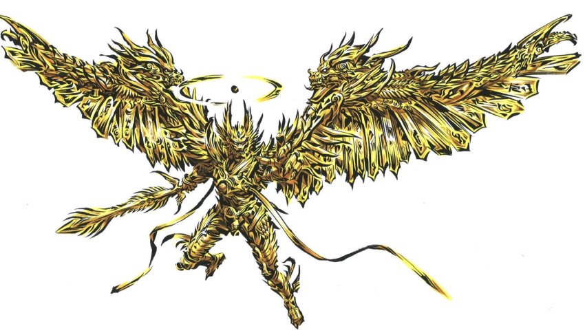 1boy, amemiya_keita, armor, belt, breastplate, character_request, chest_guard, clawed_boots, concept_art, extreme_winged_fanged_wolf_king_fang_perfect_golden, full_armor, full_body, fusion, garo:_gekkou_no_tabibito, garo_(tokusatsu_character), garo_(tokusatsu_series), garo_makai_decisive_battle_gaoh, gauntlets, gold_armor, greatsword, greaves, halo, helmet, holding, holding_sword, holding_weapon, keita_amemiya, knight, long_sword, medieval, official_art, ouga_(garo), oversized_wings, pauldrons, plate_armor, power_armor, shoulder_armor, solo, sword, tokusatsu, visor_(armor), weapon, wings, yellow_halo, yellow_wings