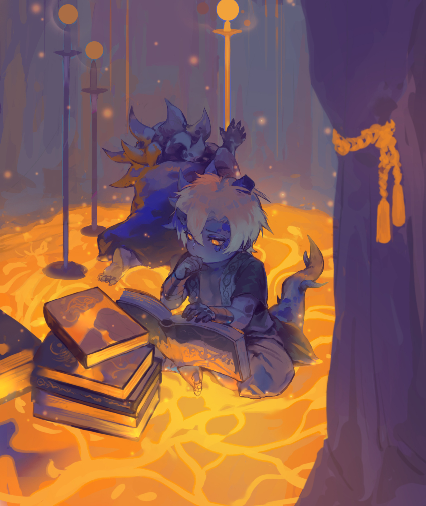 2boys, absurdres, aged_down, asymmetrical_horns, barefoot, body_markings, book, book_stack