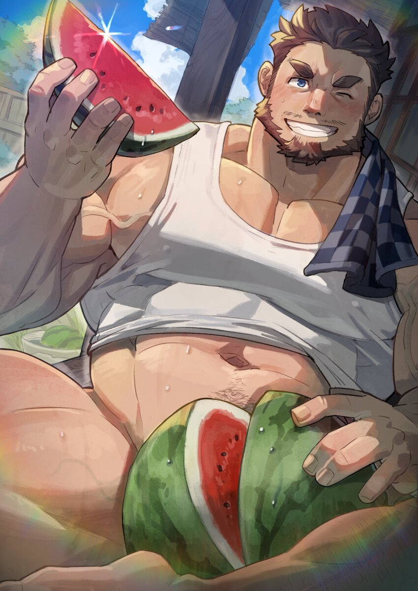 1boy, absurdres, bara, beard, blue_eyes, blush, bottomless, brown_hair