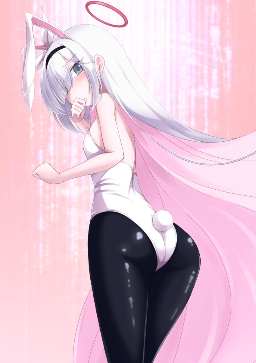 1girl, black_pantyhose, blue_archive, blush, breasts, colored_inner_hair, fake_eyelashes, fake_tail