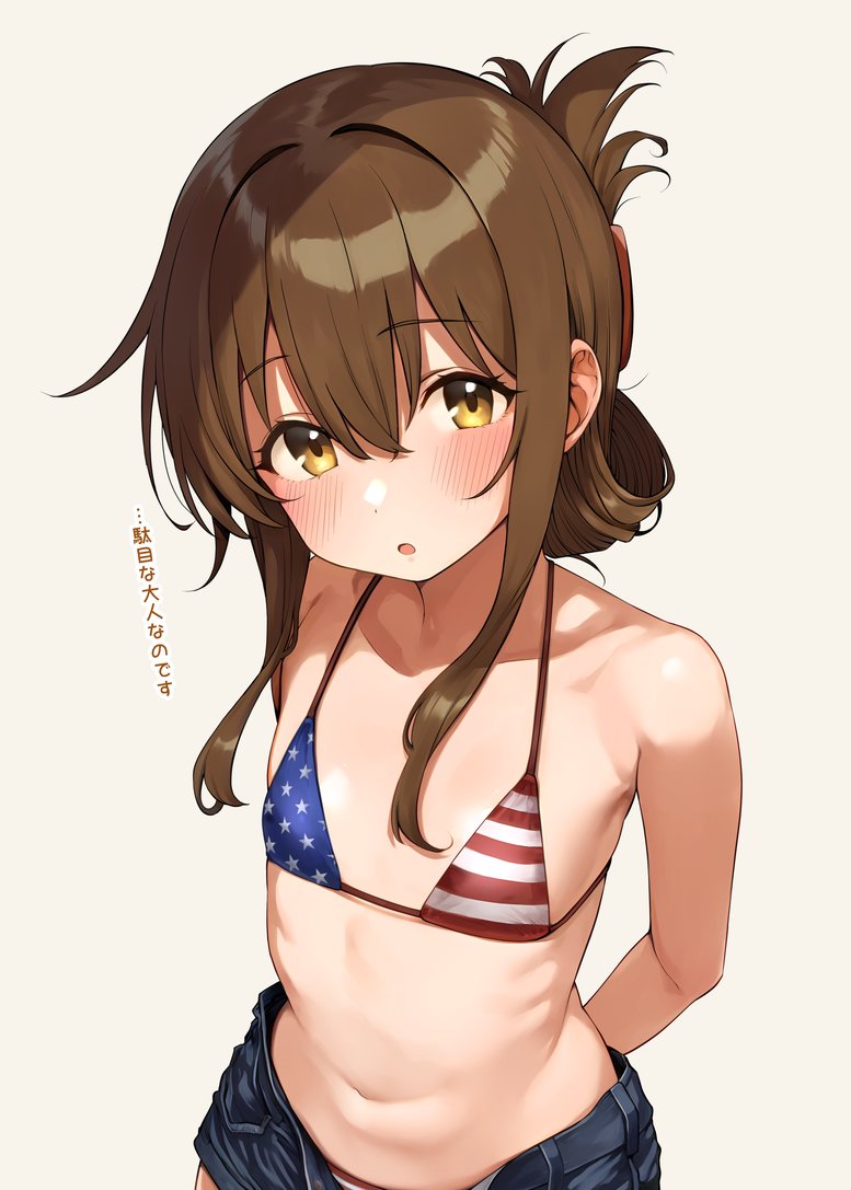 1girl, alternate_costume, american_flag, american_flag_bikini, american_flag_print, arms_behind_back, bikini, bikini_bottom_under_shorts