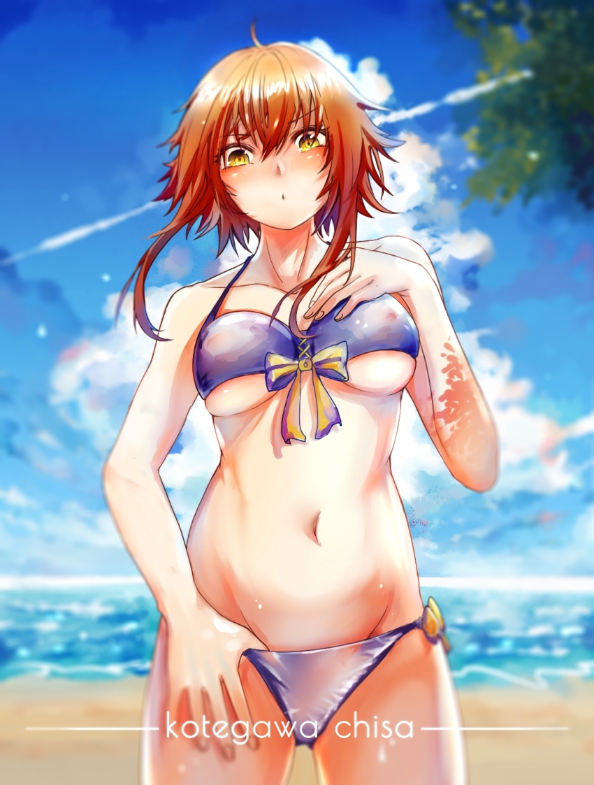 1girl, beach, bikini, blue_bikini, blue_sky, blurry, blurry_background, breasts, brown_eyes, brown_hair, character_name, cloud, collarbone, commentary_request, grand_blue, hair_between_eyes, hand_on_own_chest, highres, kotegawa_chisa, looking_at_viewer, medium_breasts, mizupein, navel, ocean, puckered_lips, short_hair, short_hair_with_long_locks, sky, solo, swimsuit, underboob