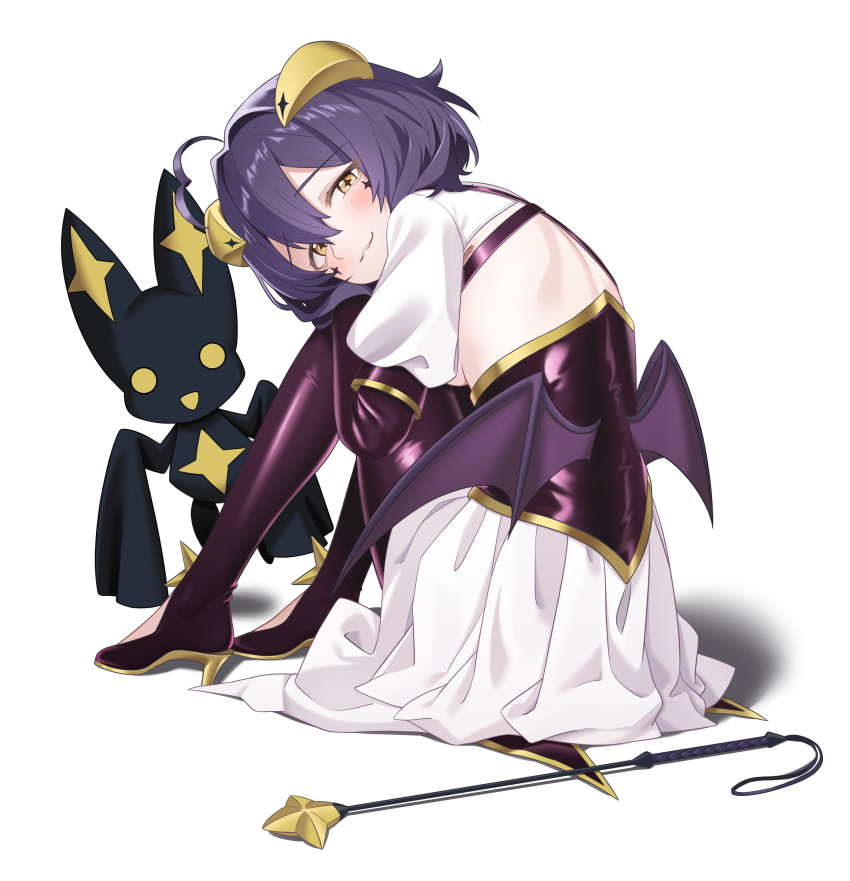 1girl, absurdres, backless_outfit, bat_wings, black_hair, blush, boots, breastless_clothes