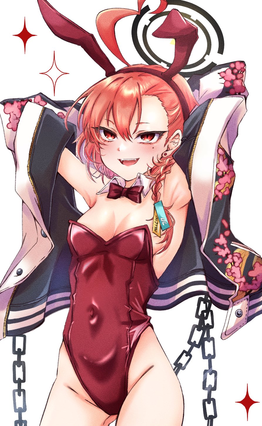 1girl, ahoge, animal_ears, armpits, arms_behind_head, asymmetrical_bangs, black_halo, blue_archive, bow, braid, breasts, chain, covered_navel, detached_collar, earrings, fake_animal_ears, hair_between_eyes, hairband, halo, highleg, highleg_leotard, highres, jacket, jewelry, leotard, mizuhane_(mizuhane_miu), mole, mole_under_eye, neru_(blue_archive), neru_(bunny)_(blue_archive), playboy_bunny, print_jacket, rabbit_ears, red_bow, red_eyes, red_hair, red_leotard, short_eyebrows, short_hair, single_braid, small_breasts, smile, solo, sparkle, sukajan